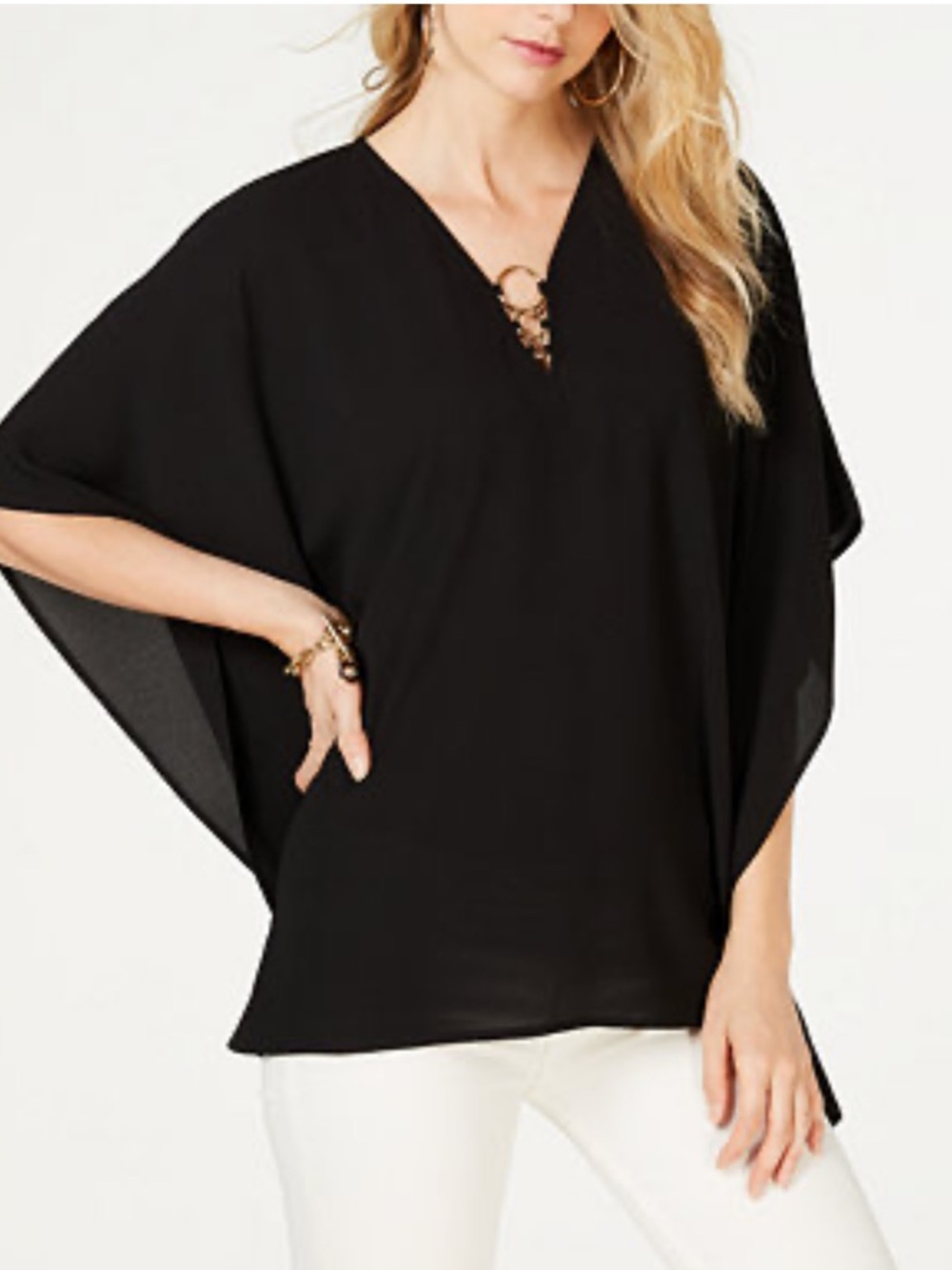 MICHAEL Michael Kors Black V-Neck Poncho Blouse with Gold O-Ring 🆕